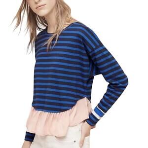 Anthropologie Deletta Peplum Navy Striped Ruffled Ballet Knit Blouse XS